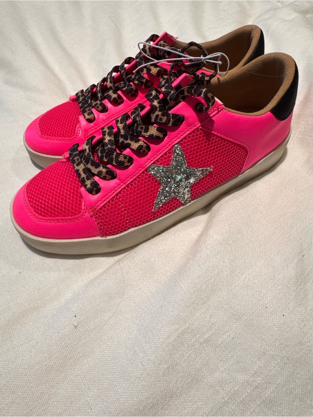 Mi.iM Neon Pink Sneakers with Silver Sequin Star and Leopard Laces